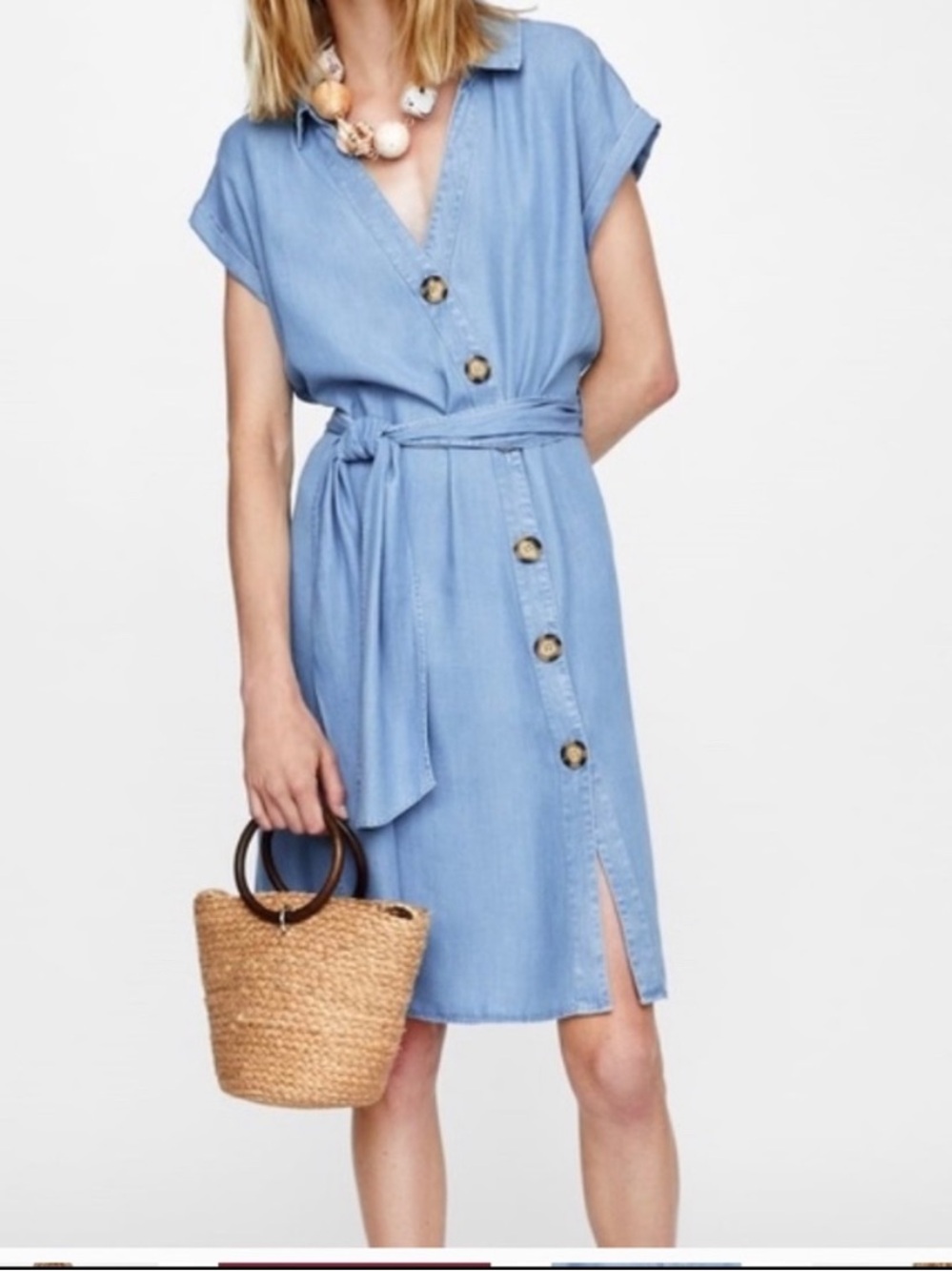 Zara Blue Chambray V Neck Asymmetrical Button Down Belted Lyocell Shirt Dress M